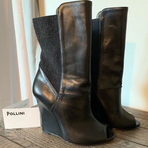 Pollini Black Wedge Peep-Toe Boots